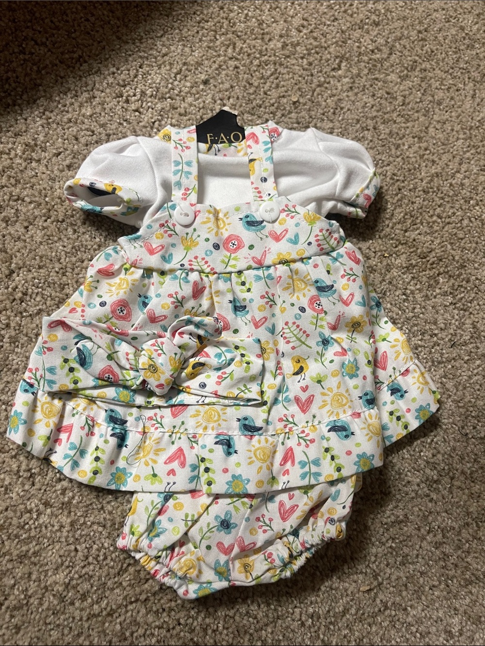 FAO Doll Floral Bird Print Dress & Bloomer Set - White